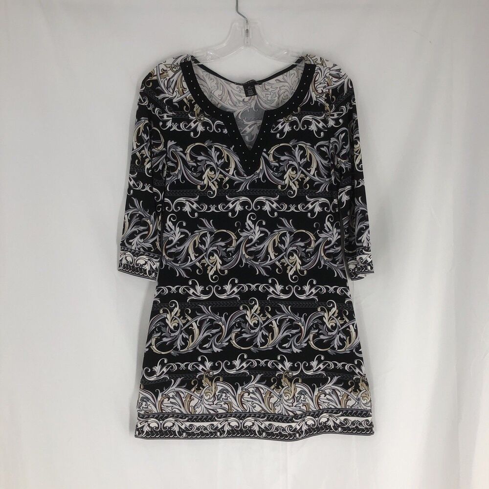 White House Black Market Dress, Red, Black, White Pattern, 3/4 Sleeve, Women's
